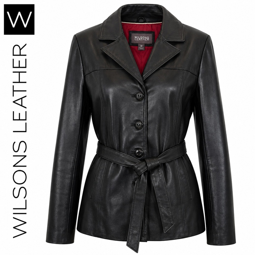 Wilsons Leather Jacket Womens M Black Belted Red Lining Coat 90s Y2K Moto Edgy
